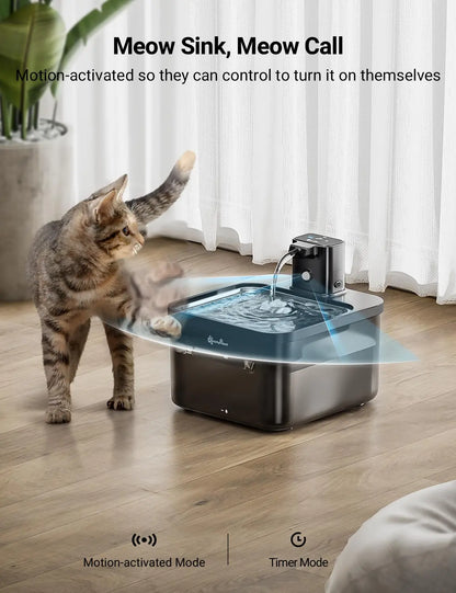 DownyPaws 2.5L Automatic Stainless Steel Cat Water Fountain 4000mAh Wireless Pet Drinker Battery & Sensor 2 in 1 Dispenser